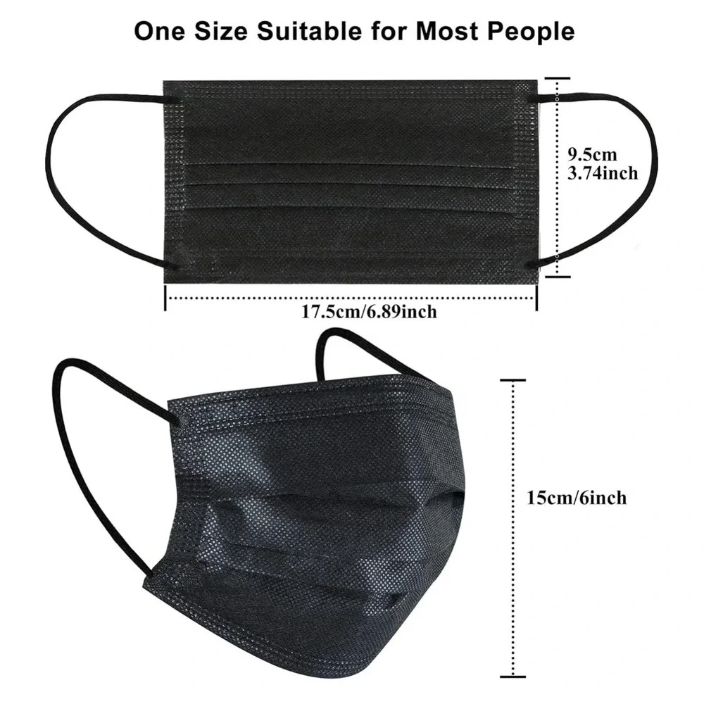 100 PCS Disposable Face Mask Non Medical Surgical 3 Ply Ear loop Black Masks USA